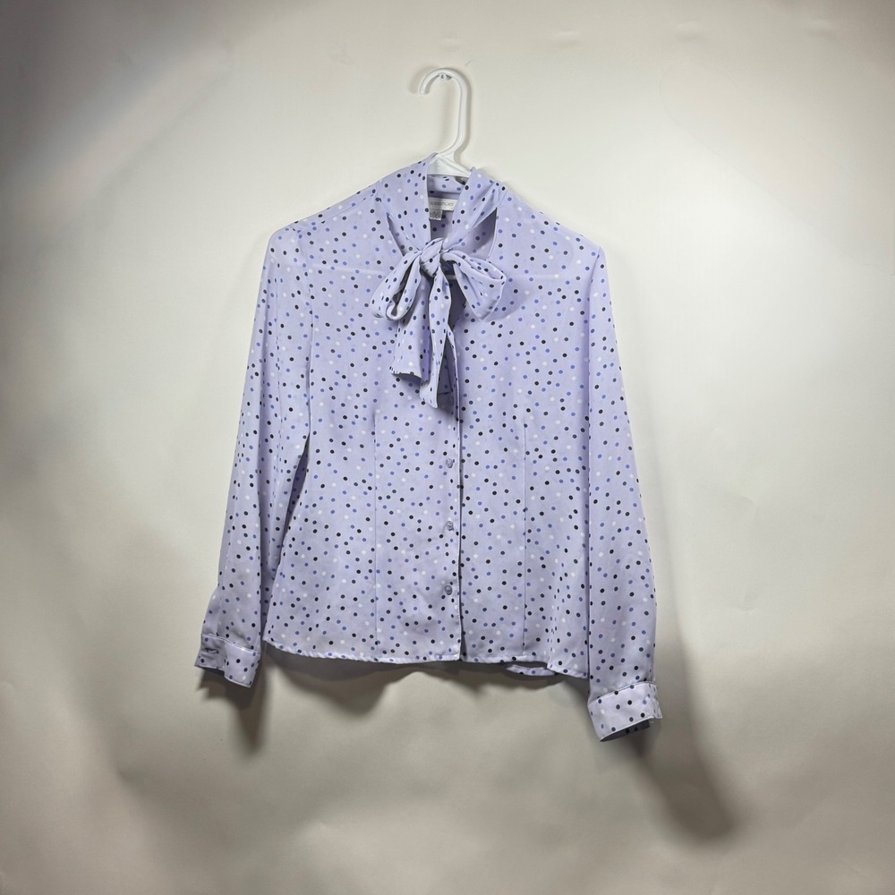 Petite Sophisticate Lavender Polka Dot Tie Neck Blouse Long Sleeve Button Up 4